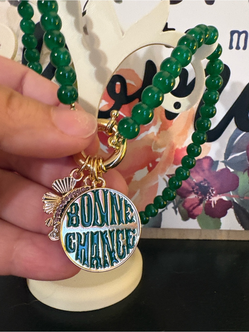 Ganni Green Beaded Necklace with Gold Pendant